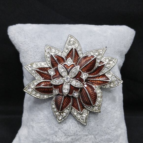 Vintage Monet Bronze Enamel Flower Brooch, Clear Pave Rhinestones - Picture 7 of 10
